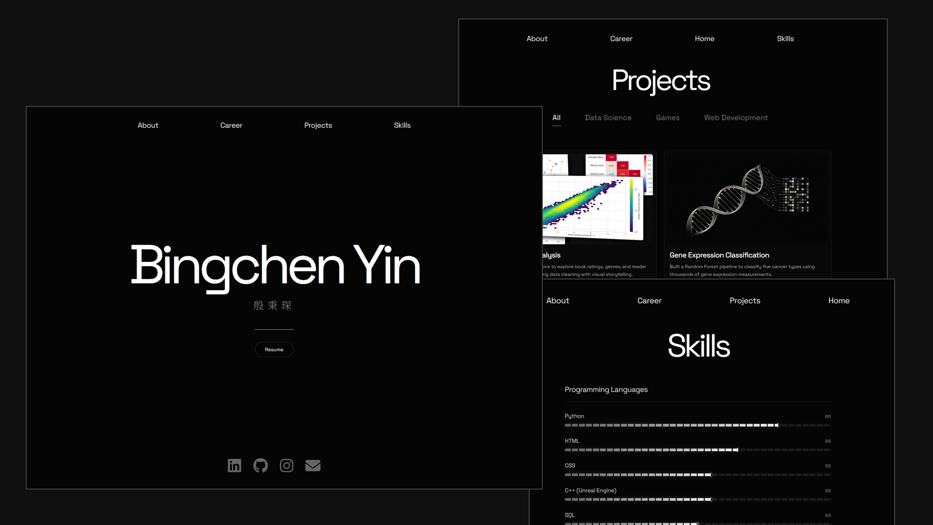 Homepage, projects, and skills pages of my personal portfolio
